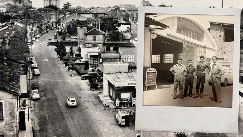 Foto storica della piccola officina fondata da Enzo Albini a Casteggio, 1954